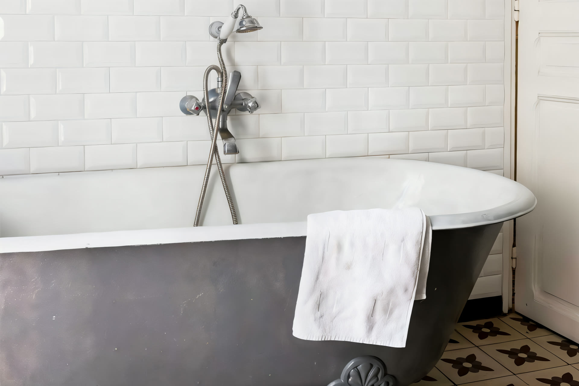 La baignoire ancienne sur pieds et ses carreaux blancs